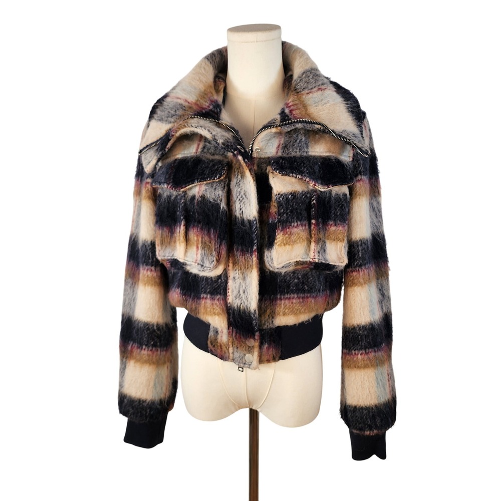 7 For All Mankind Plaid Fuzzy Bomber Jacket Womens Size S Cropped Zip Up NWT